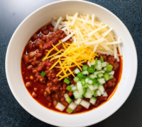 3 - bowl of chili with cheese and onions add